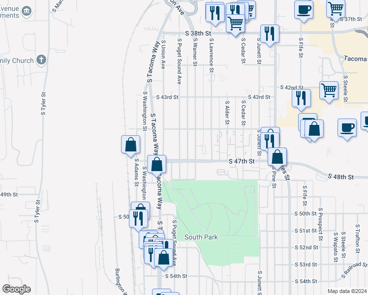 map of restaurants, bars, coffee shops, grocery stores, and more near 4534 South Warner Street in Tacoma