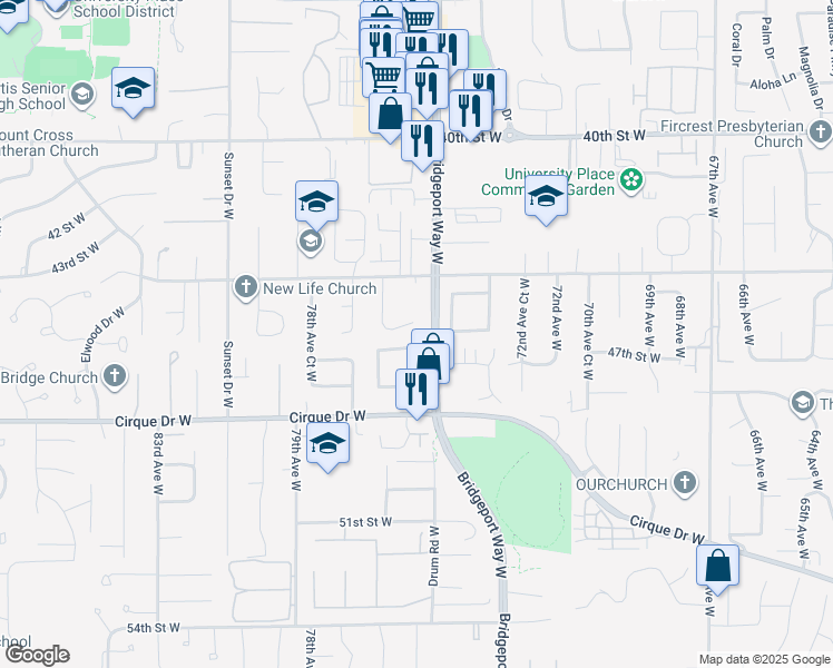 map of restaurants, bars, coffee shops, grocery stores, and more near 4510 76th Avenue West in University Place