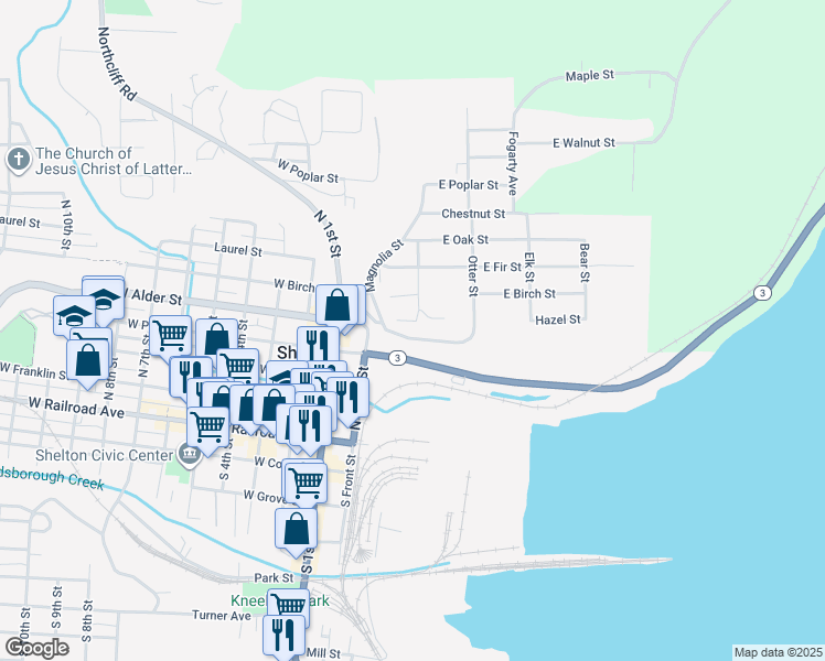 map of restaurants, bars, coffee shops, grocery stores, and more near 310 San Joaquin Avenue in Shelton