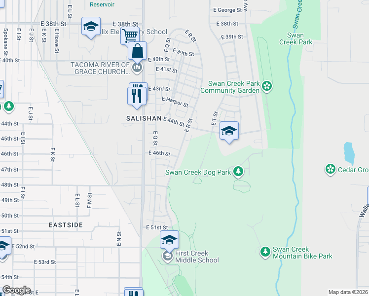 map of restaurants, bars, coffee shops, grocery stores, and more near 4471 East R Street in Tacoma