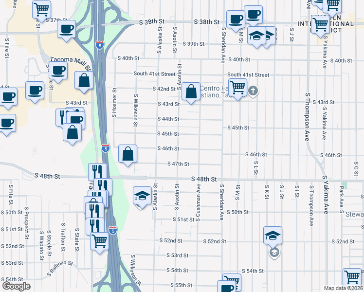 map of restaurants, bars, coffee shops, grocery stores, and more near 1517 South 46th Street in Tacoma