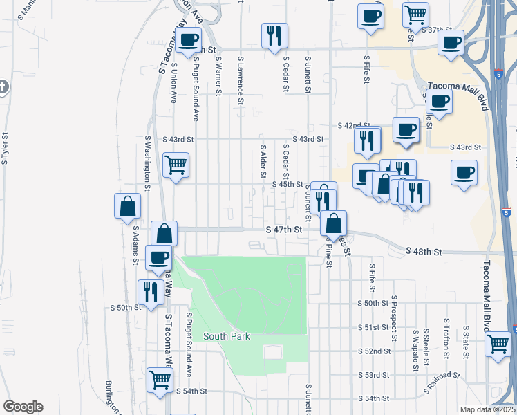 map of restaurants, bars, coffee shops, grocery stores, and more near 3201 South 47th Street in Tacoma