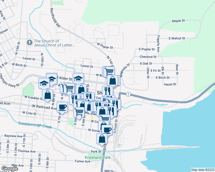 map of restaurants, bars, coffee shops, grocery stores, and more near in Shelton