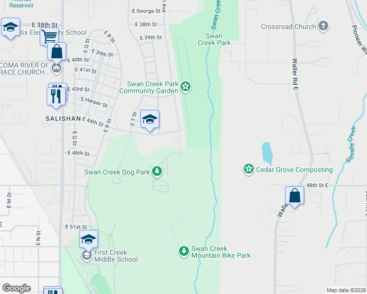 map of restaurants, bars, coffee shops, grocery stores, and more near 4435 East Roosevelt Avenue in Tacoma