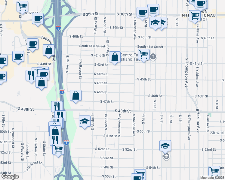 map of restaurants, bars, coffee shops, grocery stores, and more near 1517 South 46th Street in Tacoma