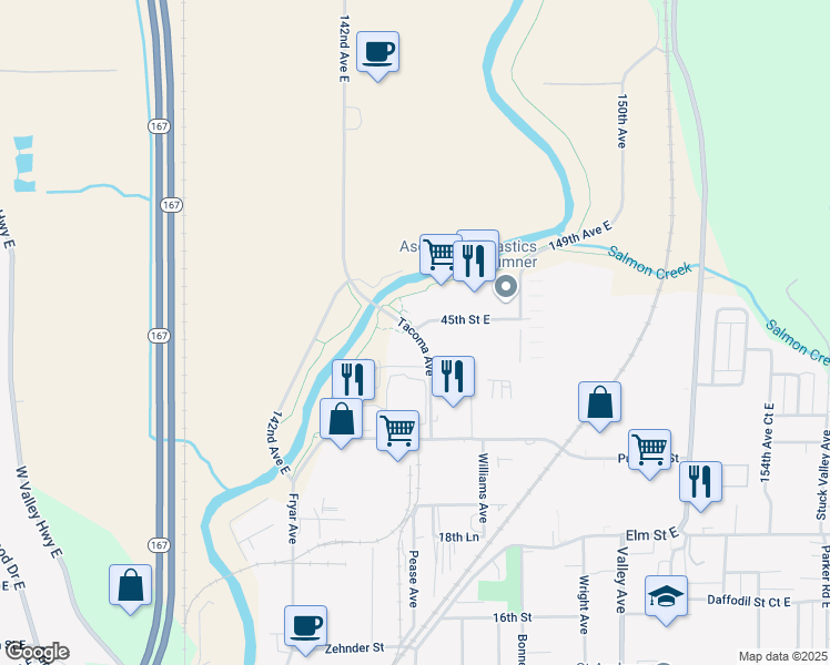 map of restaurants, bars, coffee shops, grocery stores, and more near 2101 Tacoma Avenue in Sumner