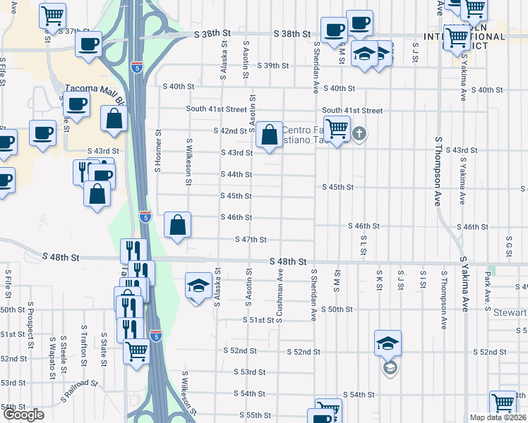 map of restaurants, bars, coffee shops, grocery stores, and more near 1517 South 46th Street in Tacoma