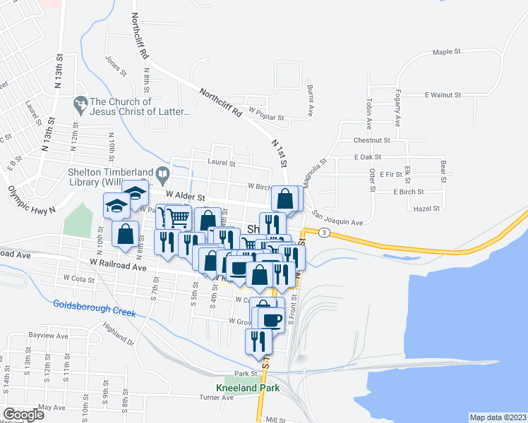 map of restaurants, bars, coffee shops, grocery stores, and more near 201 West Alder Street in Shelton