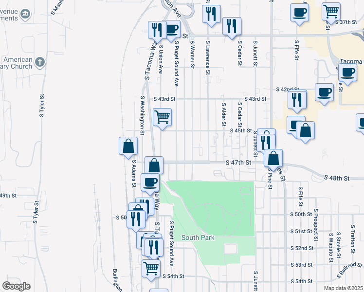map of restaurants, bars, coffee shops, grocery stores, and more near 4534 South Warner Street in Tacoma
