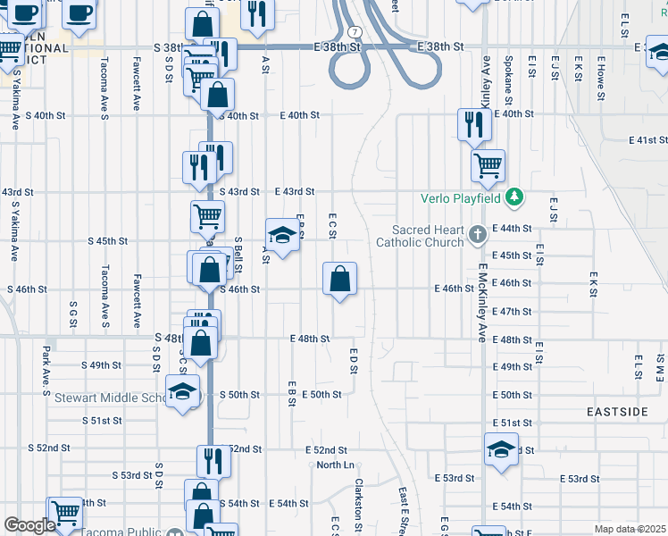 map of restaurants, bars, coffee shops, grocery stores, and more near 219 East 46th Street in Tacoma