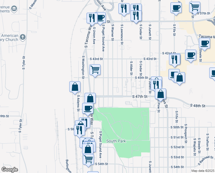 map of restaurants, bars, coffee shops, grocery stores, and more near 4534 South Warner Street in Tacoma