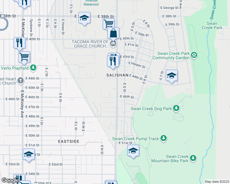 map of restaurants, bars, coffee shops, grocery stores, and more near 1429 East 46th Street in Tacoma