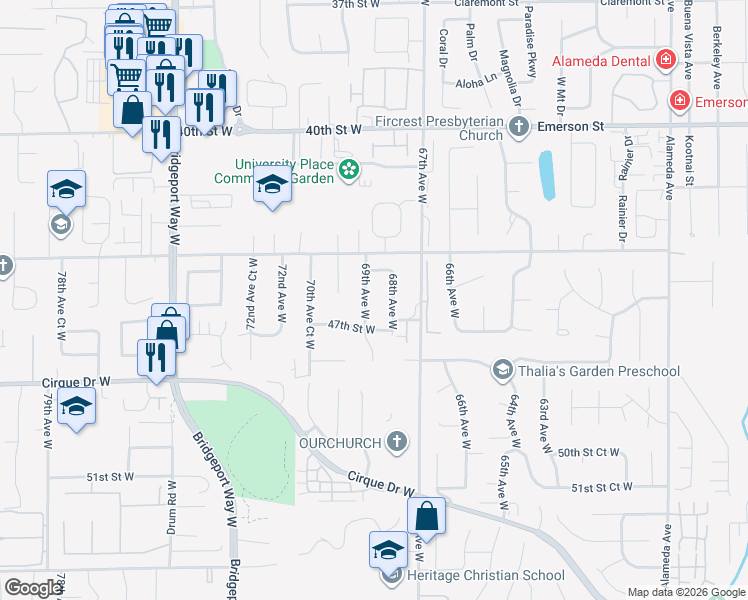 map of restaurants, bars, coffee shops, grocery stores, and more near 4602 69th Avenue West in University Place