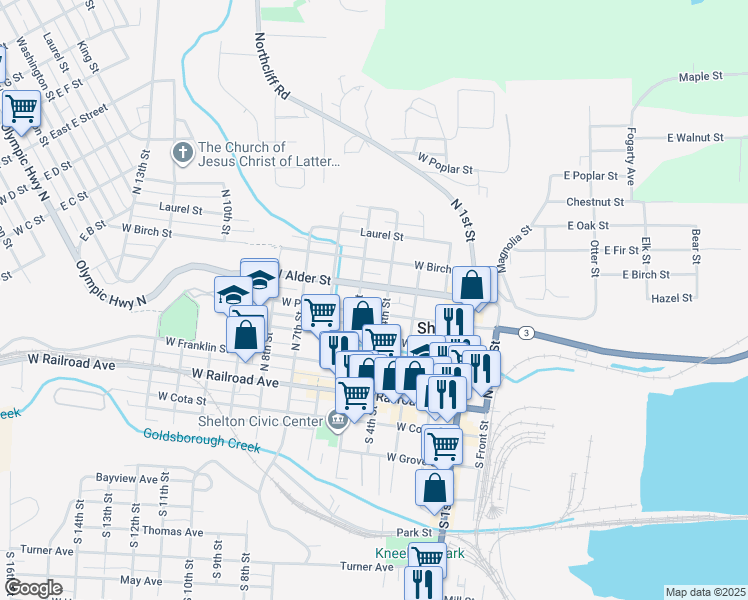 map of restaurants, bars, coffee shops, grocery stores, and more near 419 North 4th Street in Shelton