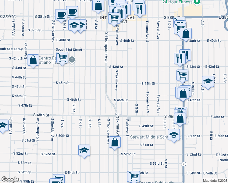 map of restaurants, bars, coffee shops, grocery stores, and more near 4536 South Yakima Avenue in Tacoma
