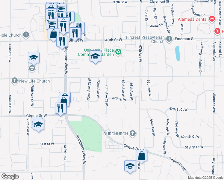 map of restaurants, bars, coffee shops, grocery stores, and more near 7005 47th Street West in University Place