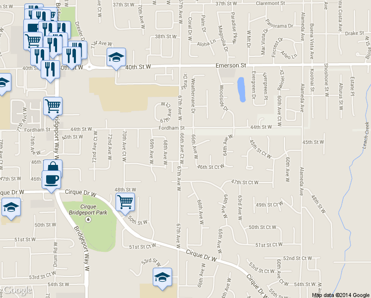 map of restaurants, bars, coffee shops, grocery stores, and more near 4501 66th Avenue Court West in University Place