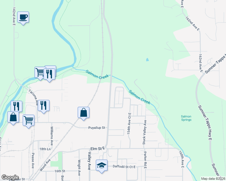 map of restaurants, bars, coffee shops, grocery stores, and more near 4526 152nd Avenue Court East in Sumner