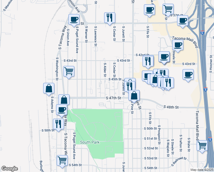map of restaurants, bars, coffee shops, grocery stores, and more near 3201 South 47th Street in Tacoma