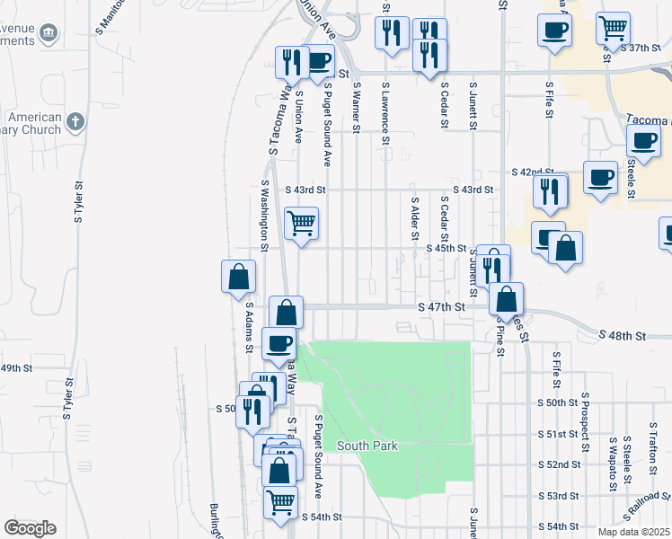 map of restaurants, bars, coffee shops, grocery stores, and more near 4534 South Warner Street in Tacoma