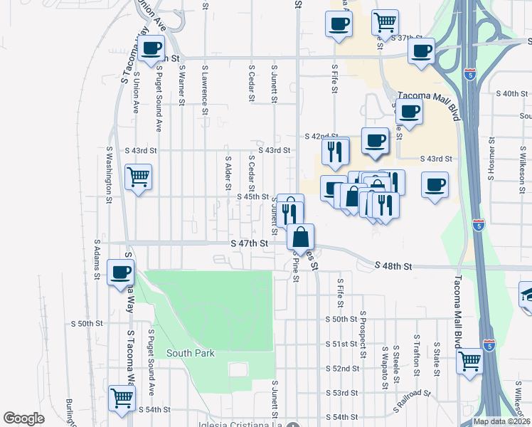 map of restaurants, bars, coffee shops, grocery stores, and more near 4520 South Junett Street in Tacoma