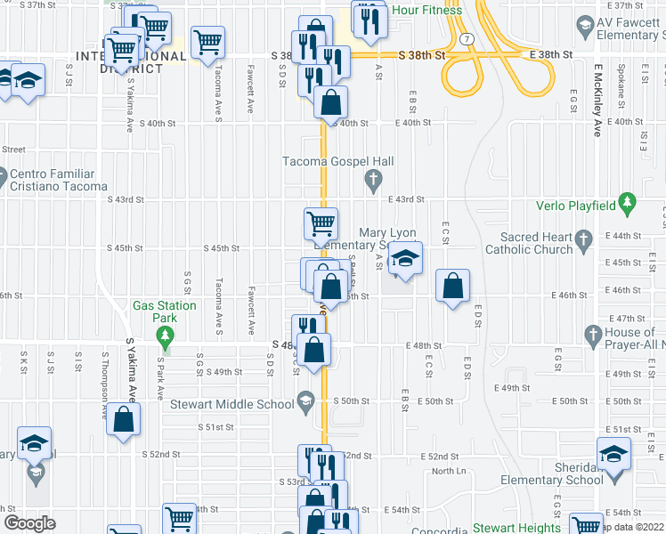 map of restaurants, bars, coffee shops, grocery stores, and more near 155 South 46th Street in Tacoma