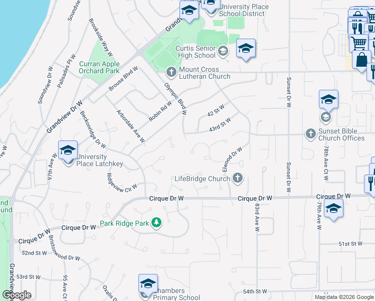 map of restaurants, bars, coffee shops, grocery stores, and more near 8713 46th Street West in Tacoma