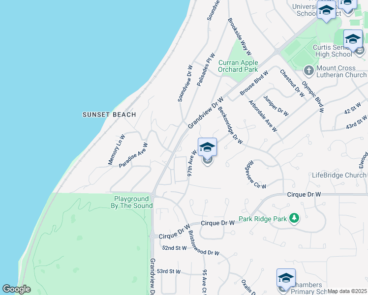map of restaurants, bars, coffee shops, grocery stores, and more near 4501 Grandview Drive West in University Place