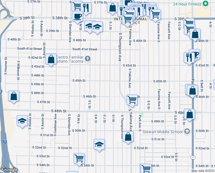 map of restaurants, bars, coffee shops, grocery stores, and more near 4540 South J Street in Tacoma