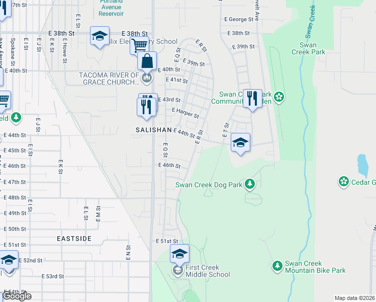 map of restaurants, bars, coffee shops, grocery stores, and more near 1724 East 44th Street in Tacoma