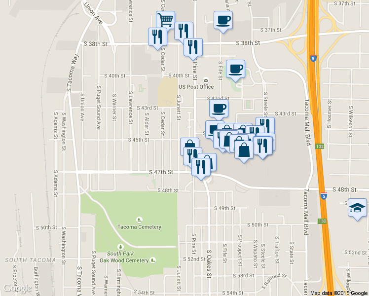 map of restaurants, bars, coffee shops, grocery stores, and more near 4346 South Junett Street in Tacoma
