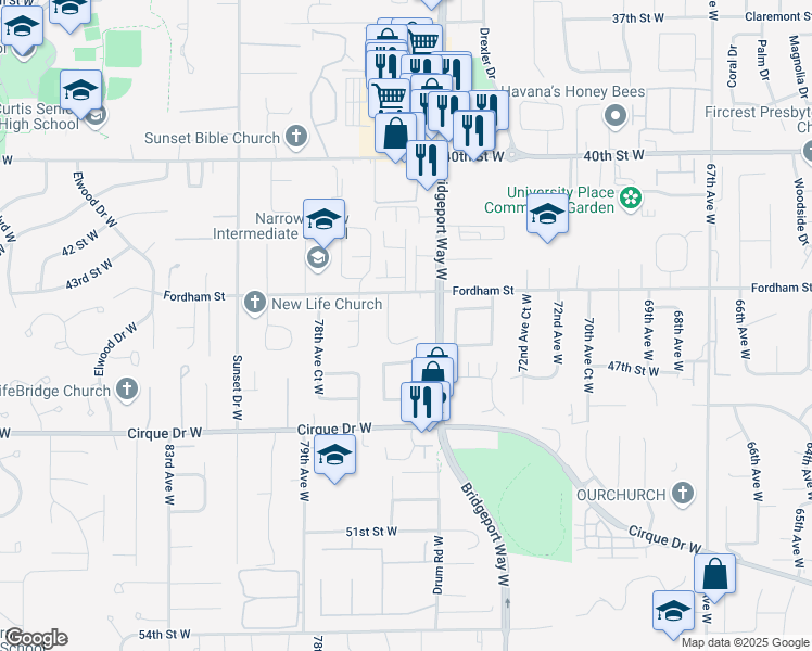 map of restaurants, bars, coffee shops, grocery stores, and more near 4402 Bridgeport Way West in University Place