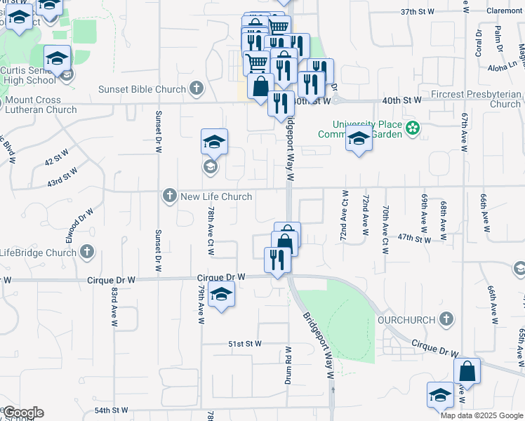map of restaurants, bars, coffee shops, grocery stores, and more near 4404 76th Avenue West in University Place