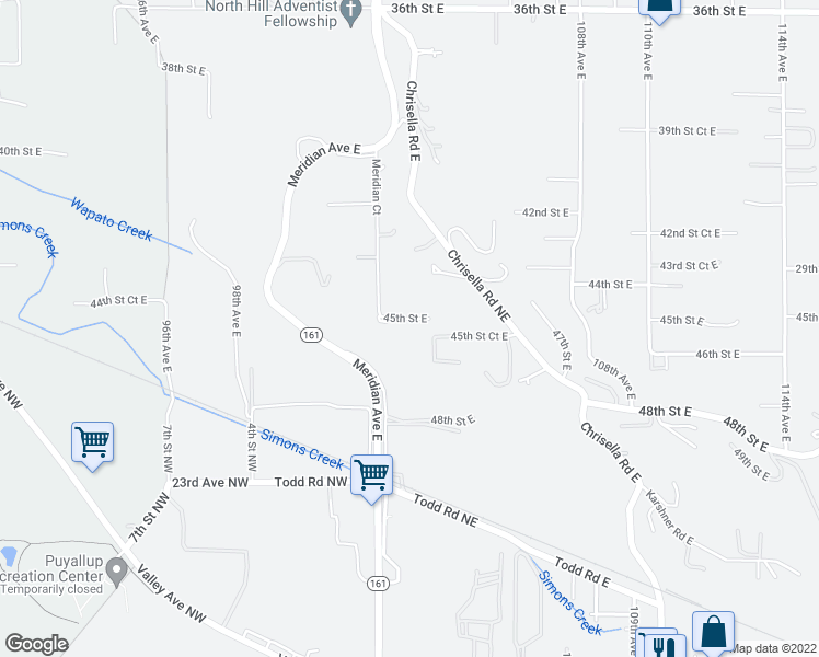 map of restaurants, bars, coffee shops, grocery stores, and more near 10304 45th Street East in Edgewood