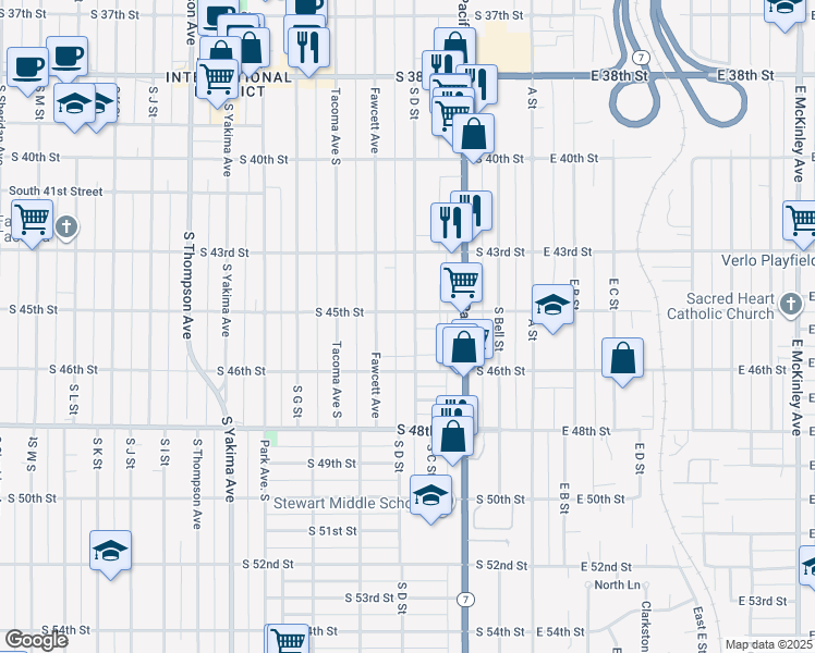 map of restaurants, bars, coffee shops, grocery stores, and more near 4508 South D Street in Tacoma