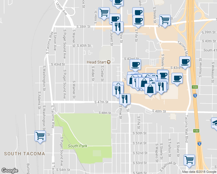 map of restaurants, bars, coffee shops, grocery stores, and more near 4346 South Junett Street in Tacoma