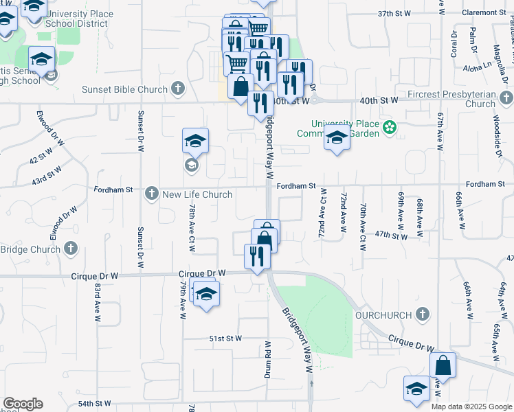 map of restaurants, bars, coffee shops, grocery stores, and more near 4402 Bridgeport Way West in University Place
