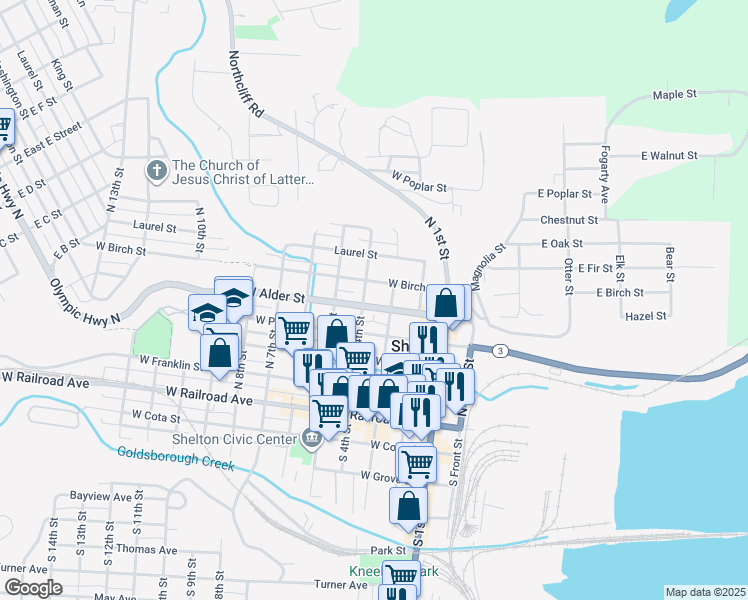map of restaurants, bars, coffee shops, grocery stores, and more near 320 West Alder Street in Shelton