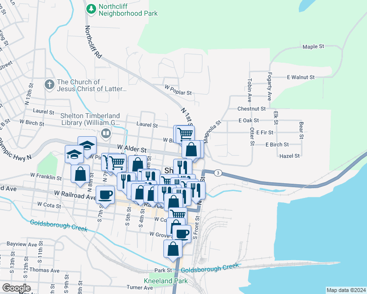 map of restaurants, bars, coffee shops, grocery stores, and more near 128 West Birch Street in Shelton