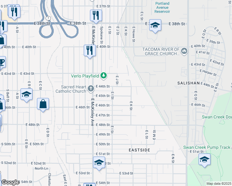map of restaurants, bars, coffee shops, grocery stores, and more near 1002 East 44th Street in Tacoma