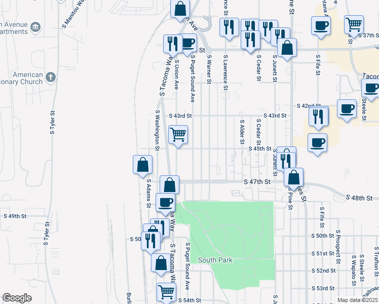map of restaurants, bars, coffee shops, grocery stores, and more near 4346 South Puget Sound Avenue in Tacoma