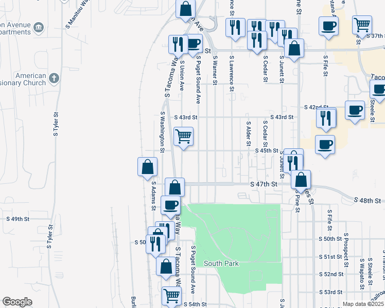 map of restaurants, bars, coffee shops, grocery stores, and more near 4346 South Puget Sound Avenue in Tacoma