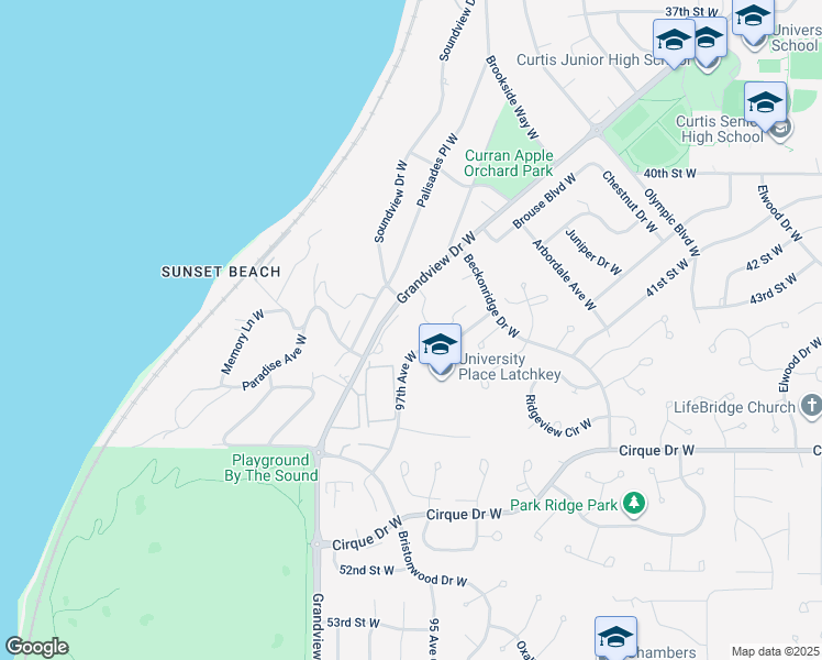 map of restaurants, bars, coffee shops, grocery stores, and more near 9528 43rd Street Court West in University Place