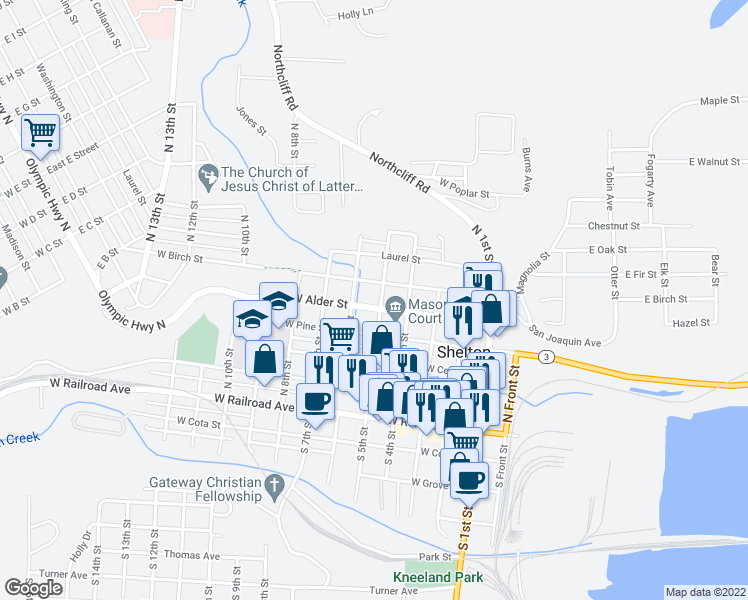 map of restaurants, bars, coffee shops, grocery stores, and more near 507 North 5th Street in Shelton