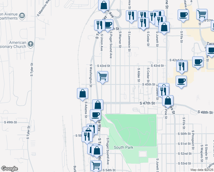 map of restaurants, bars, coffee shops, grocery stores, and more near 4346 South Puget Sound Avenue in Tacoma