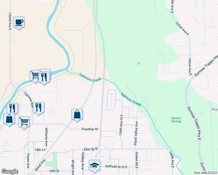 map of restaurants, bars, coffee shops, grocery stores, and more near 15227 45th Street East in Sumner