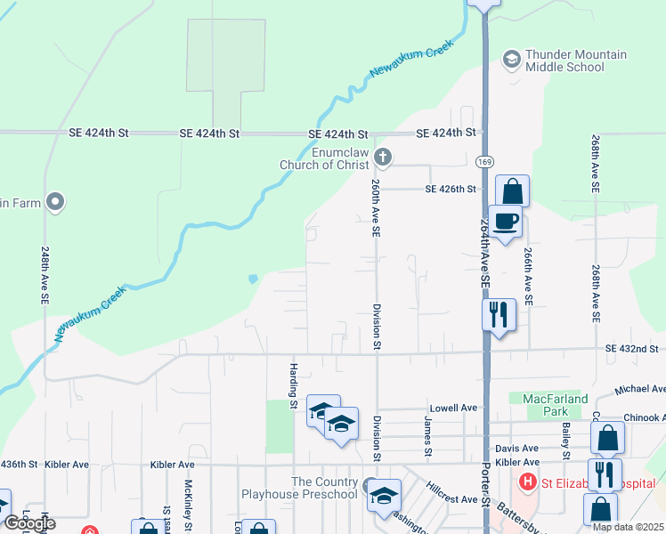 map of restaurants, bars, coffee shops, grocery stores, and more near 42809 260th Avenue Southeast in Enumclaw