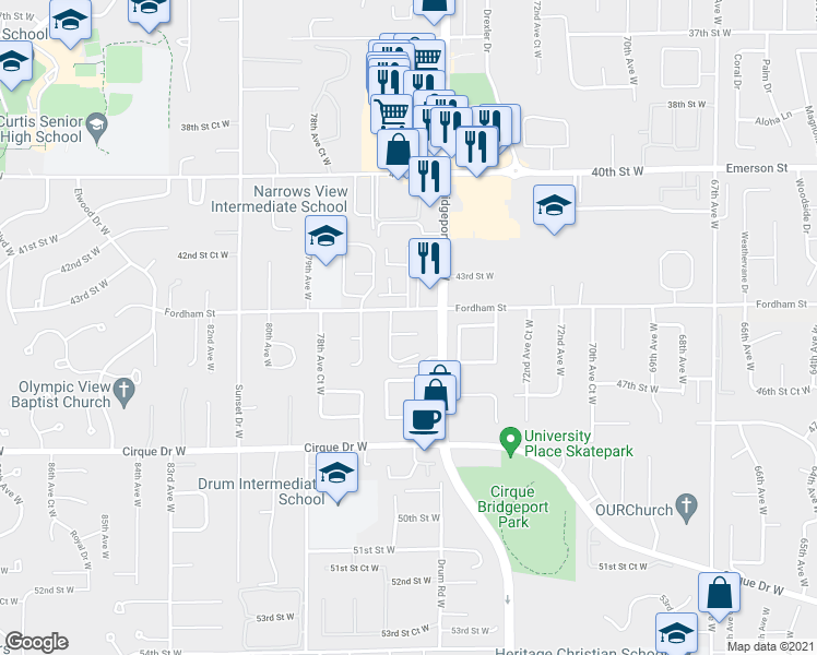 map of restaurants, bars, coffee shops, grocery stores, and more near 4402 Bridgeport Way West in University Place