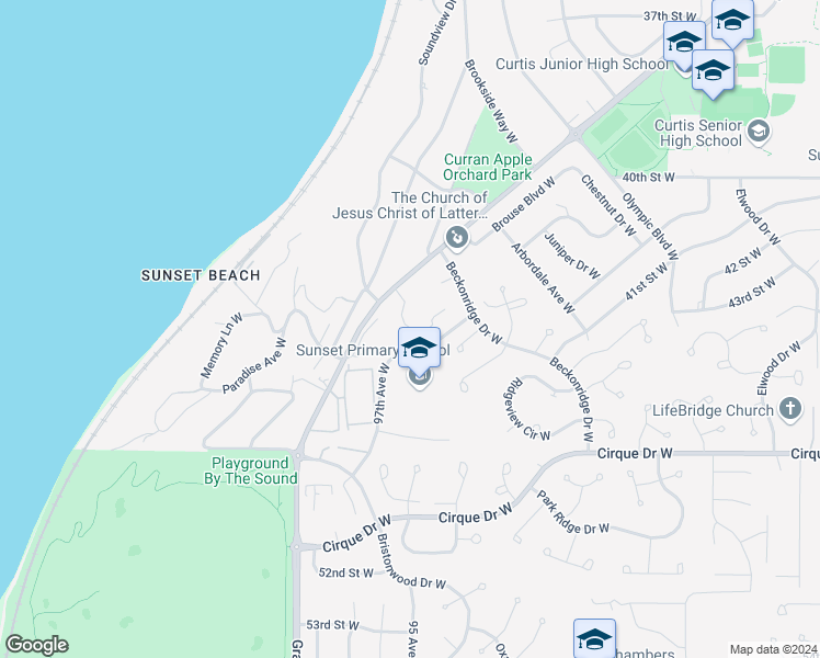map of restaurants, bars, coffee shops, grocery stores, and more near 9528 43rd Street Court West in University Place