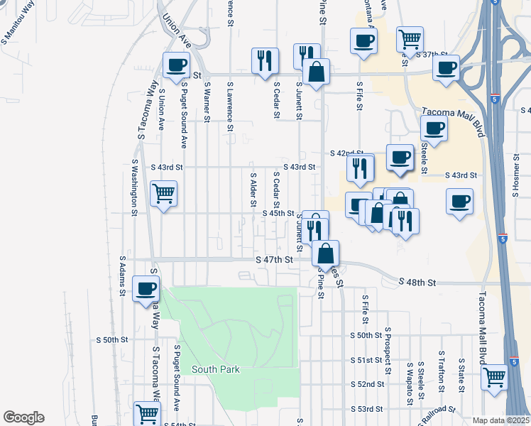 map of restaurants, bars, coffee shops, grocery stores, and more near 3101 South 45th Street in Tacoma